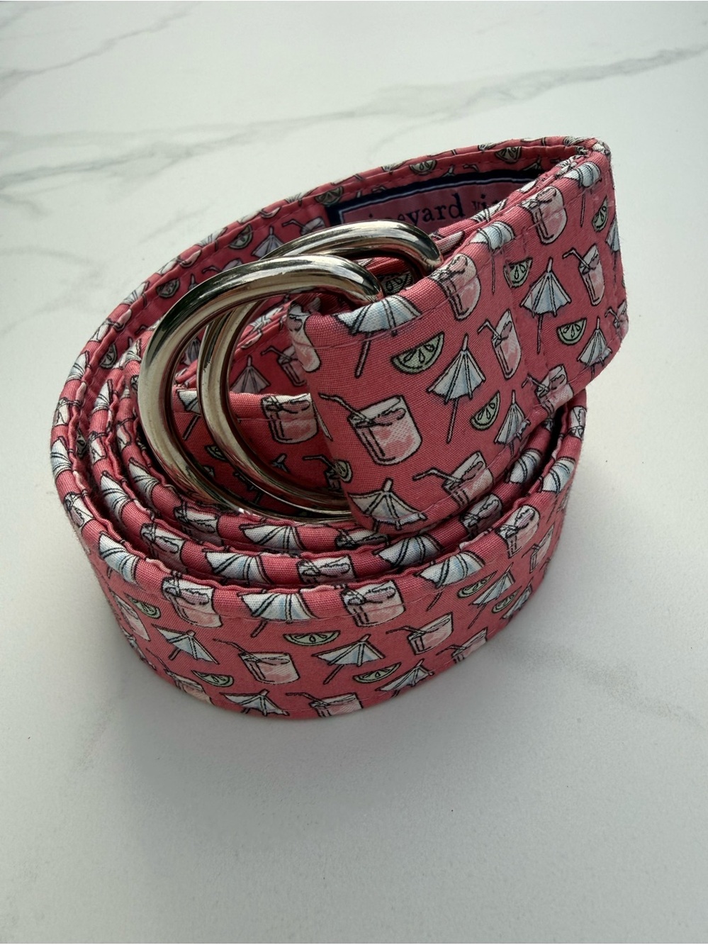 Vineyard Vines Pink Cocktail Drink Umbrella D-Ring Ribbon Preppy Belt,  Size XL